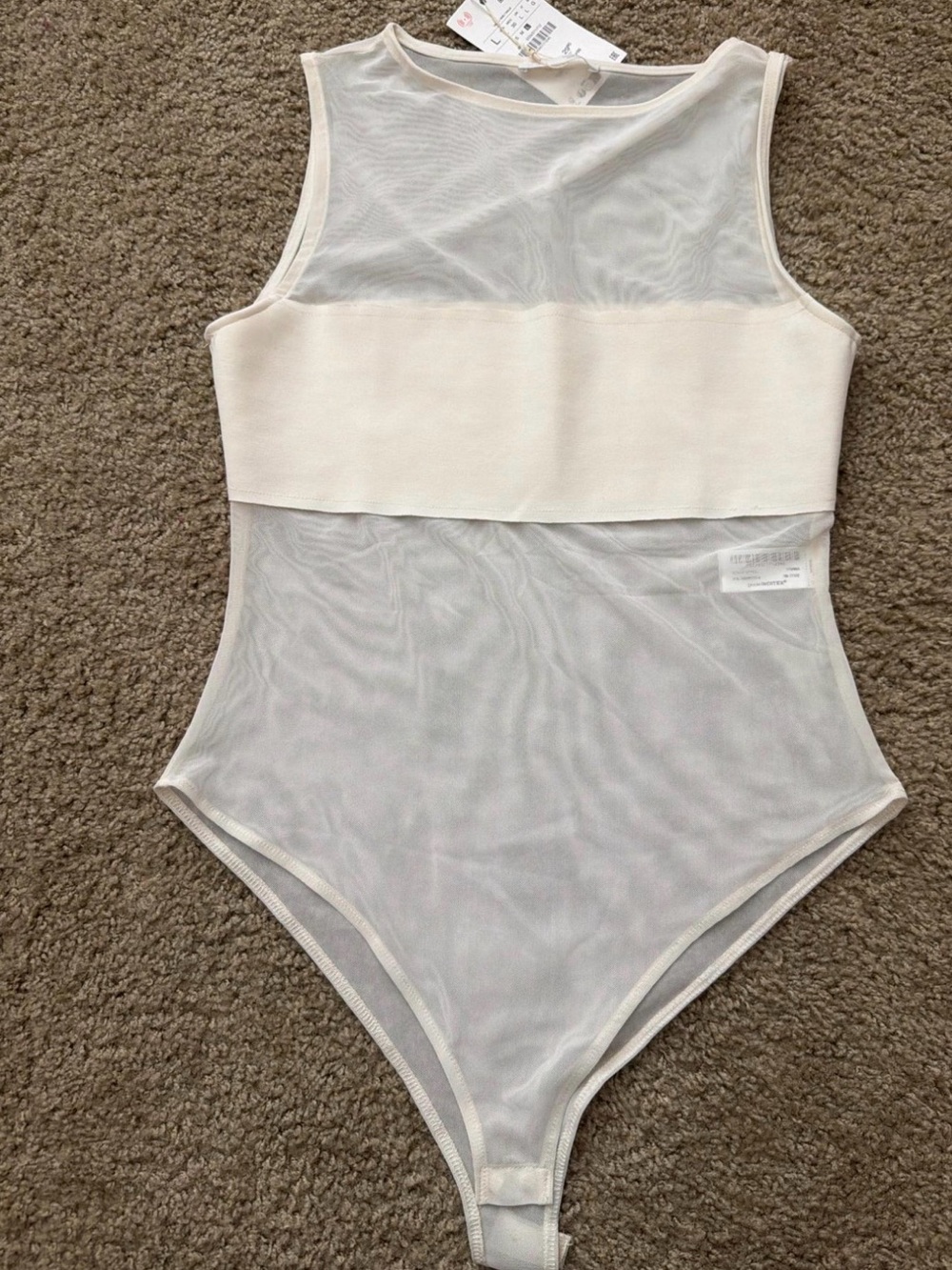 Zara White Sheer Mesh Bodysuit with Shelf Band